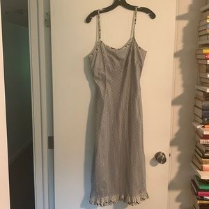 Dosa Silk Sundress - blue strip with floral accent on straps and ruffled hem